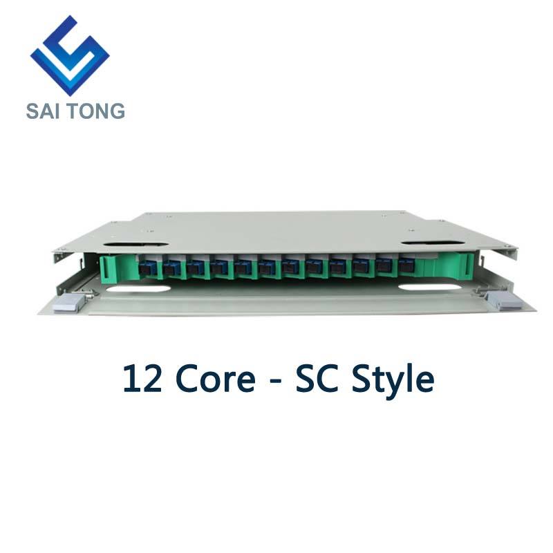 SaiTong FTTH 19 بوصة حامل حامل 12 منفذ خزانة SC / FC ODF 1 U 12 إطار توزيع الألياف البصرية الأساسية اختياري تحميل كامل